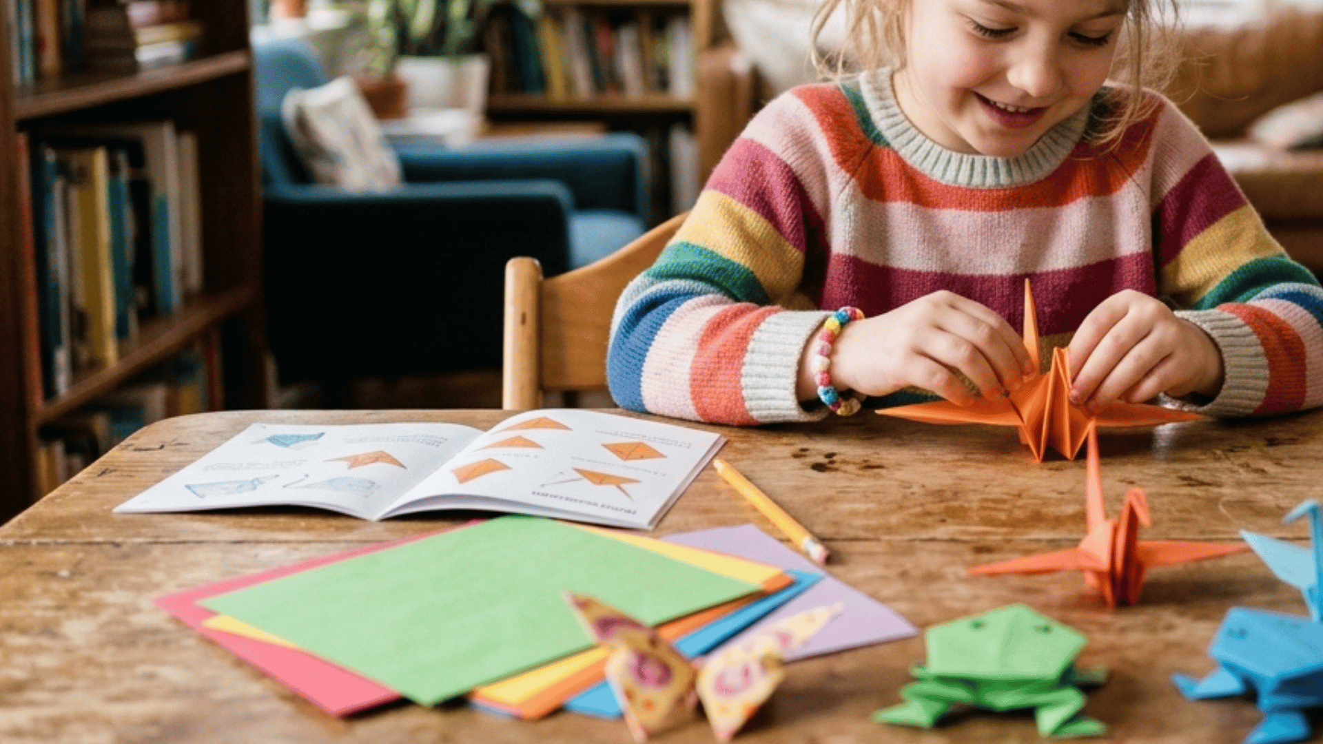kid learning origami by folding paper into shapes at a cozy table.