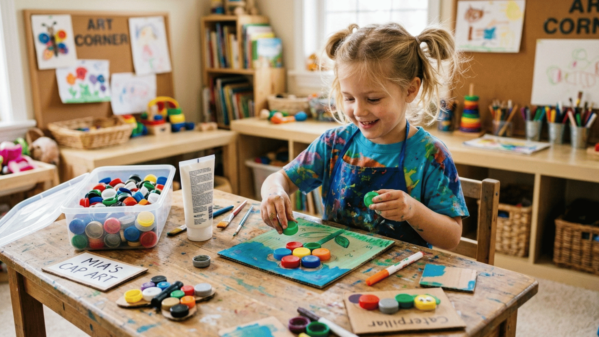 kid making bottle cap art using colorful caps on a board.