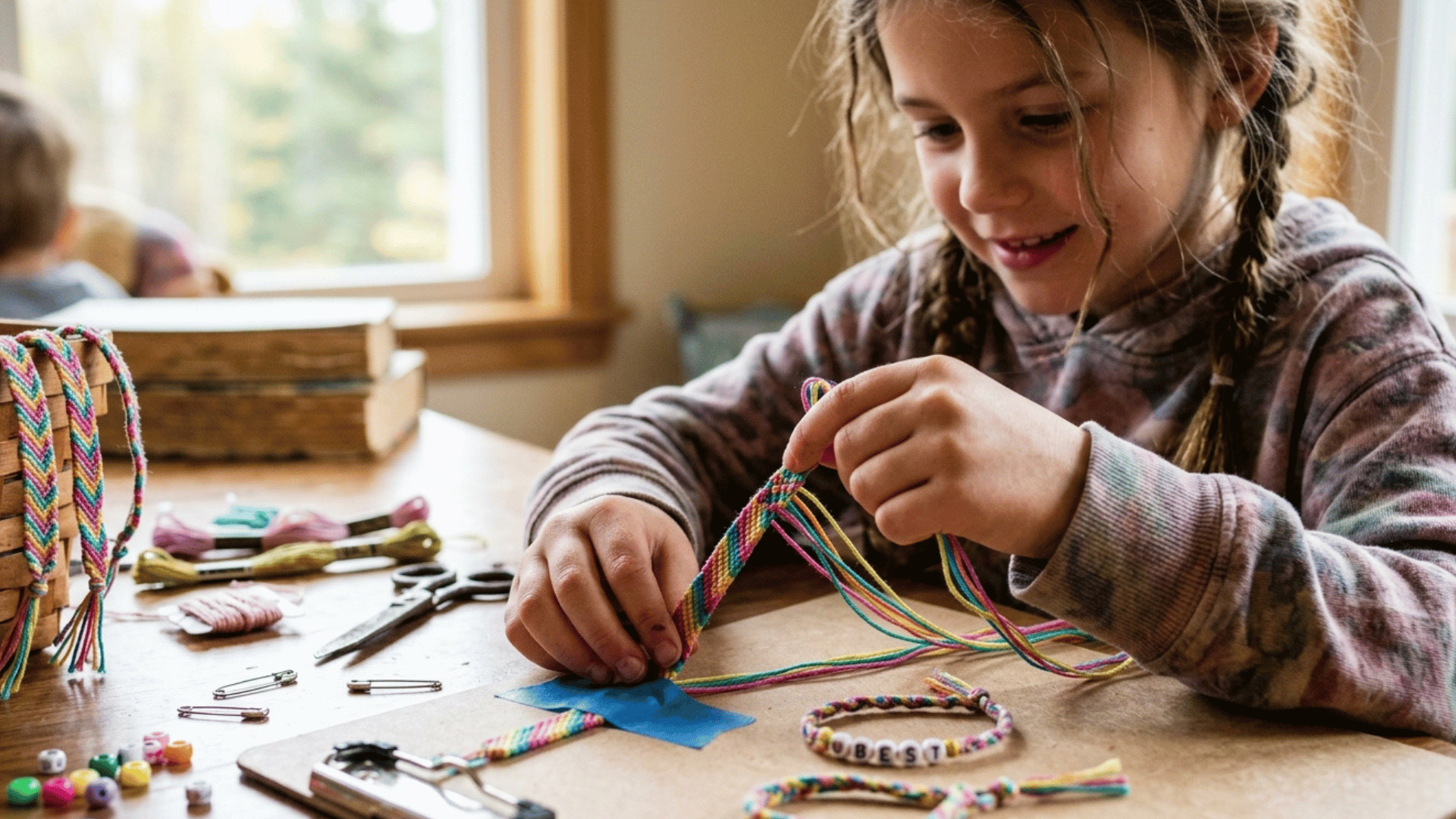 kid making colorful friendship bracelets using threads and beads.