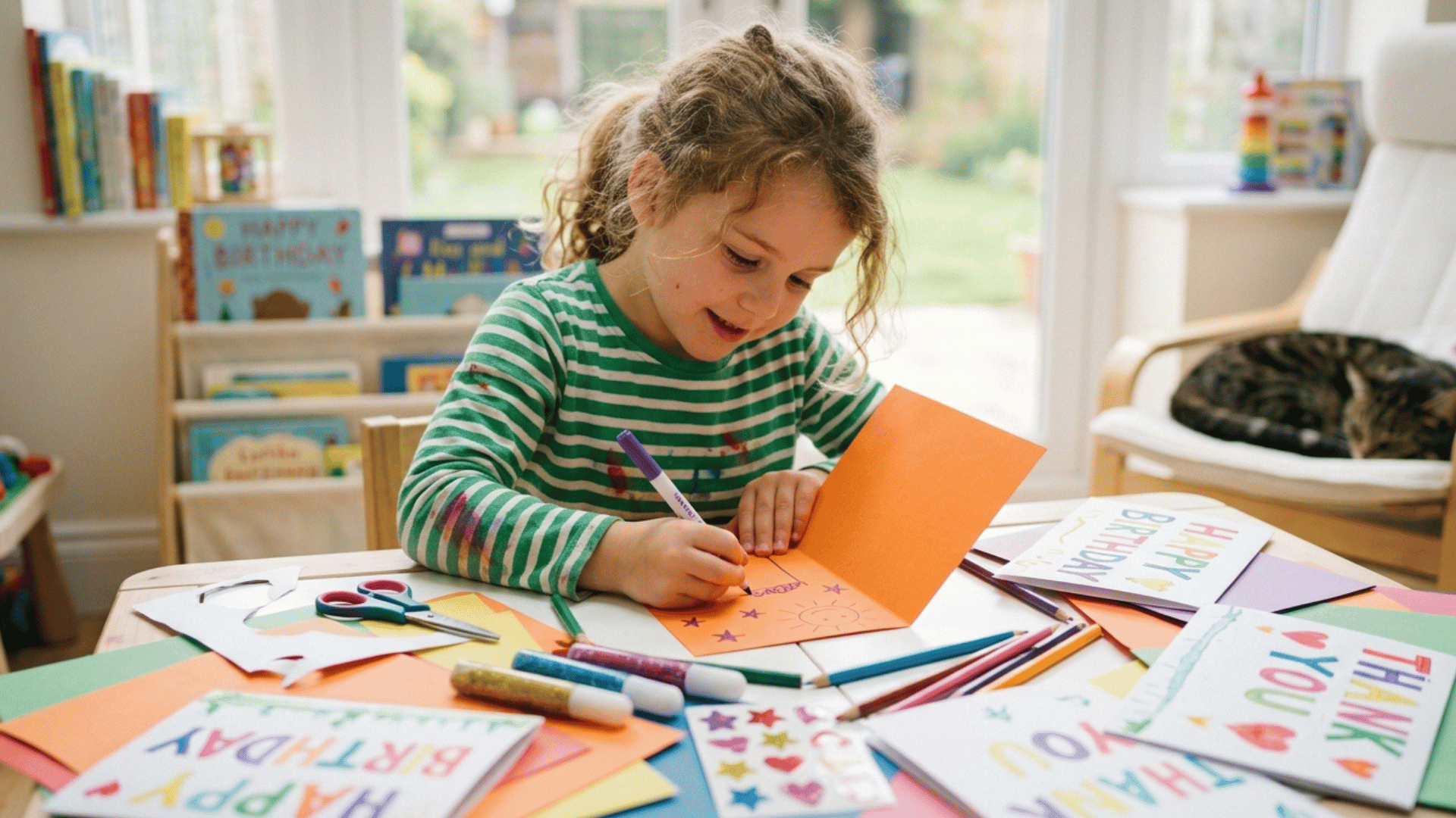 kid making colorful greeting cards with paper, markers, and craft supplies at home.