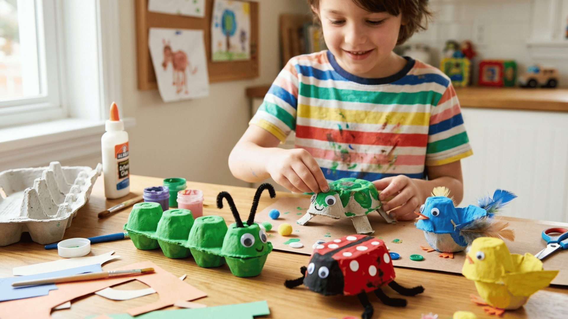 kid making egg carton animals using paint, paper, and craft supplies.