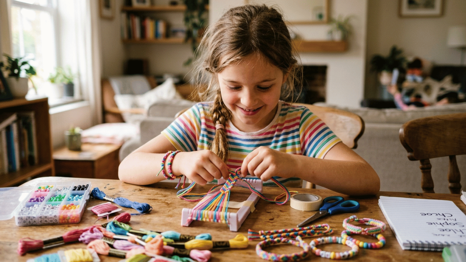 kid making friendship bracelets using colorful threads and beads.