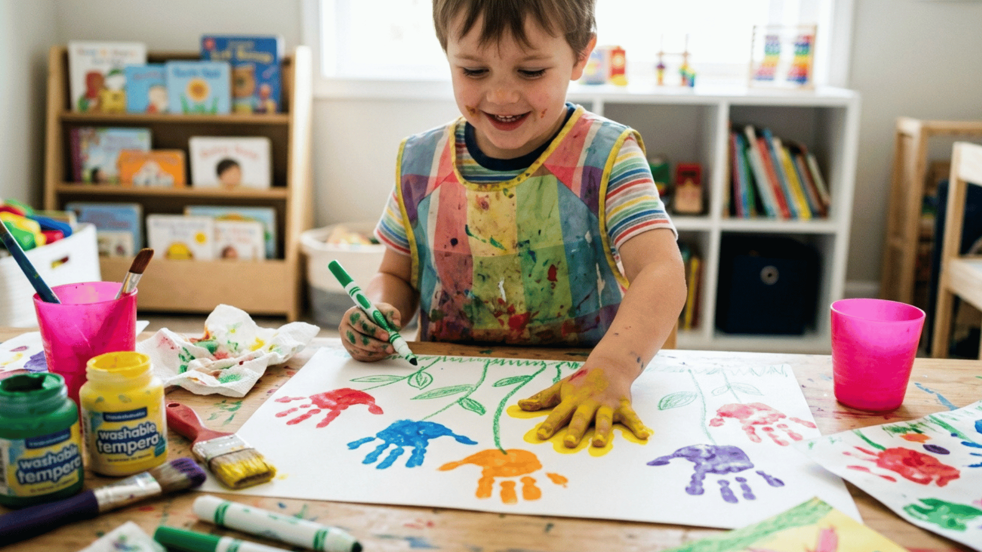 kid making handprint flower art using colorful paint on paper.