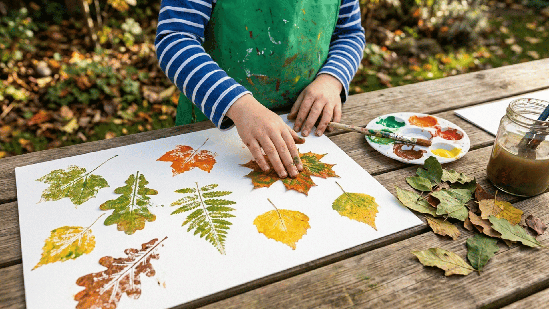 kid making leaf printing art using painted leaves on paper outdoors.