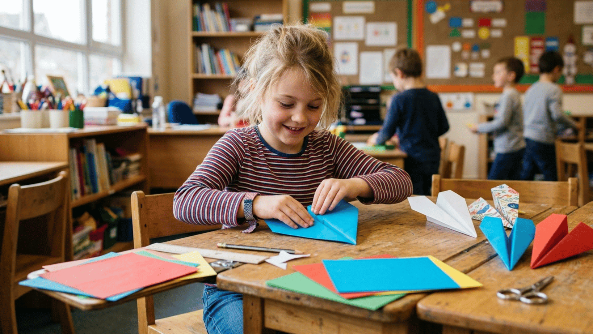 kid making paper airplanes at a classroom table with colorful sheets.