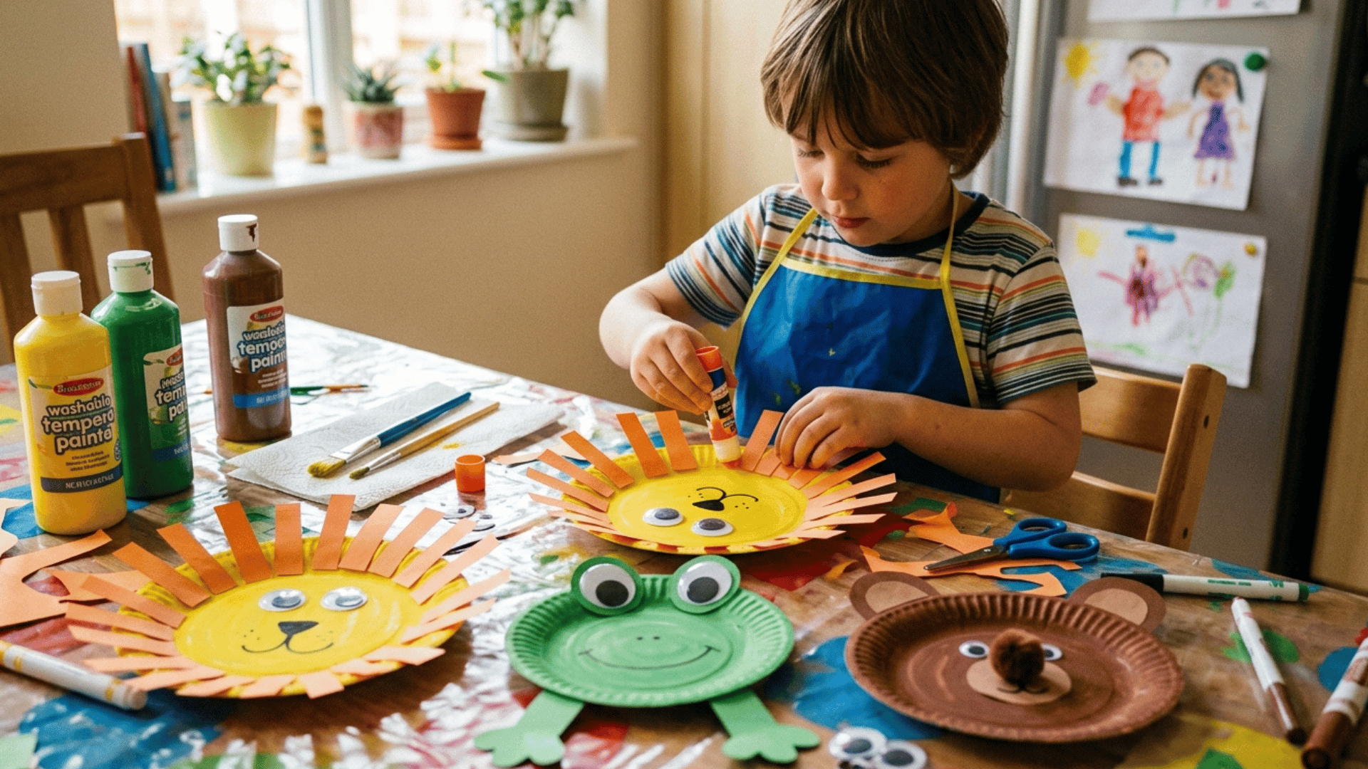 kid making paper plate animal crafts with paint, glue, and paper pieces.