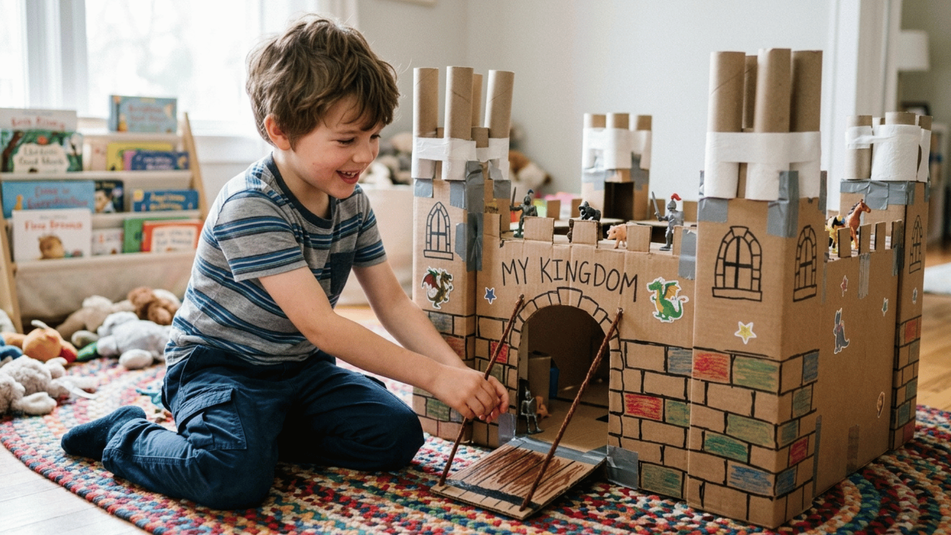 kid playing with handmade cardboard castle craft at home.