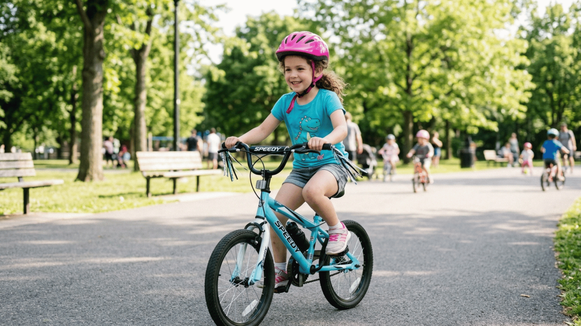 kid riding a bike with helmet in a park on a sunny day.