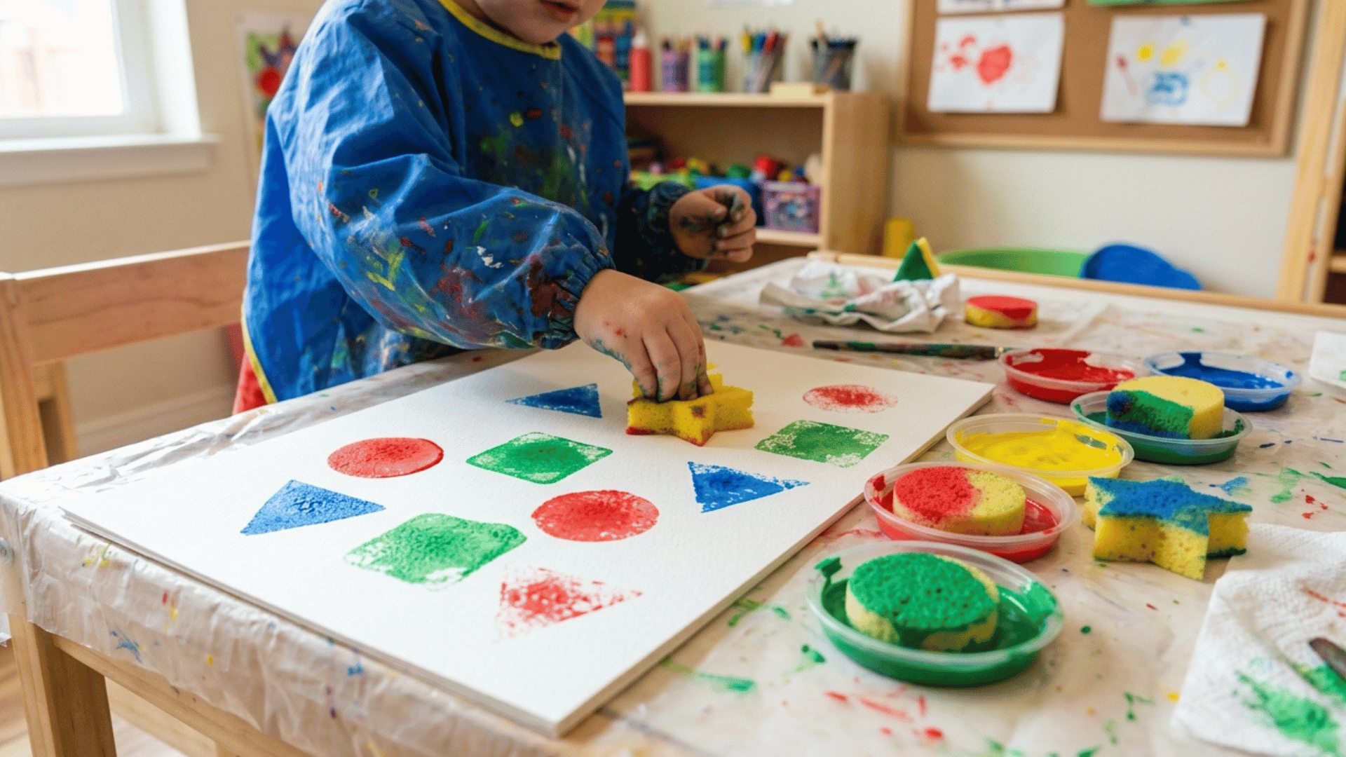 kid using sponge shapes to paint colorful patterns on paper.