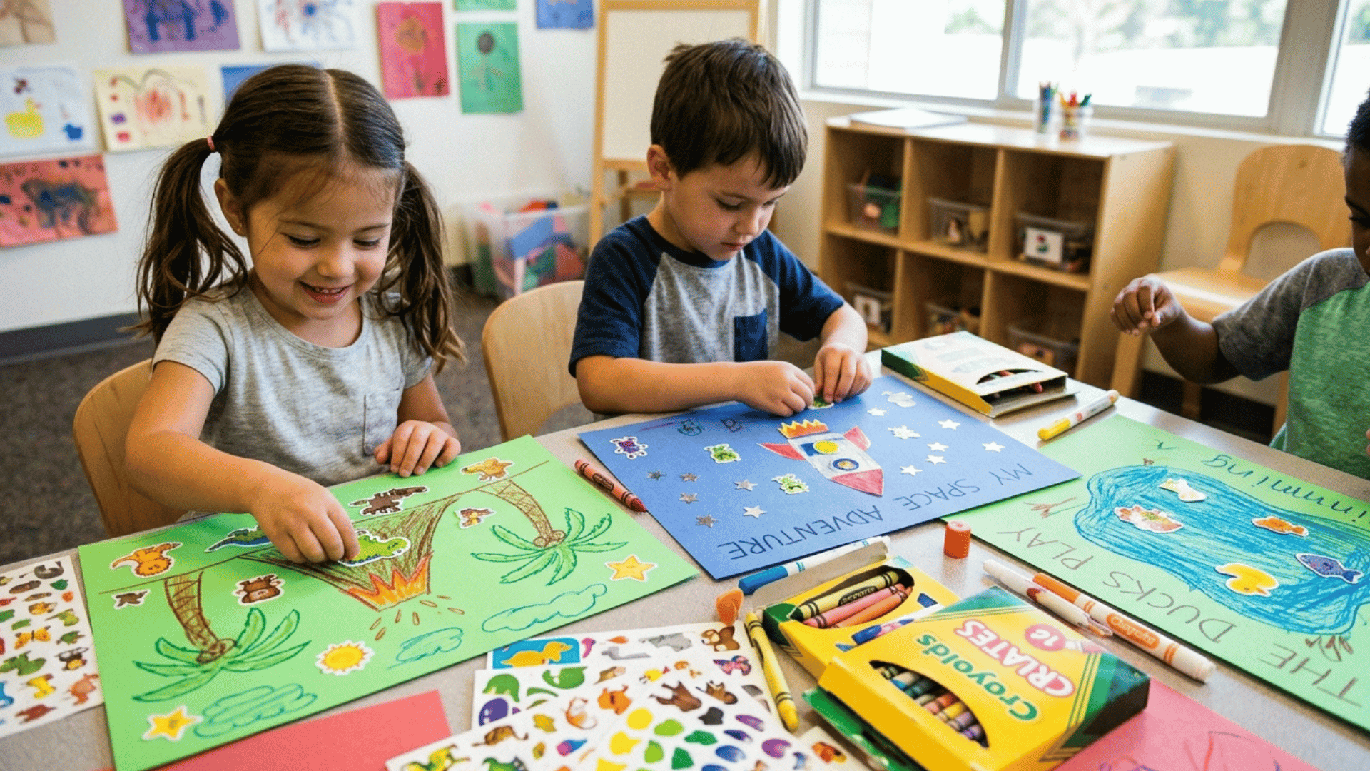 kids creating sticker story art with drawings and colorful stickers.