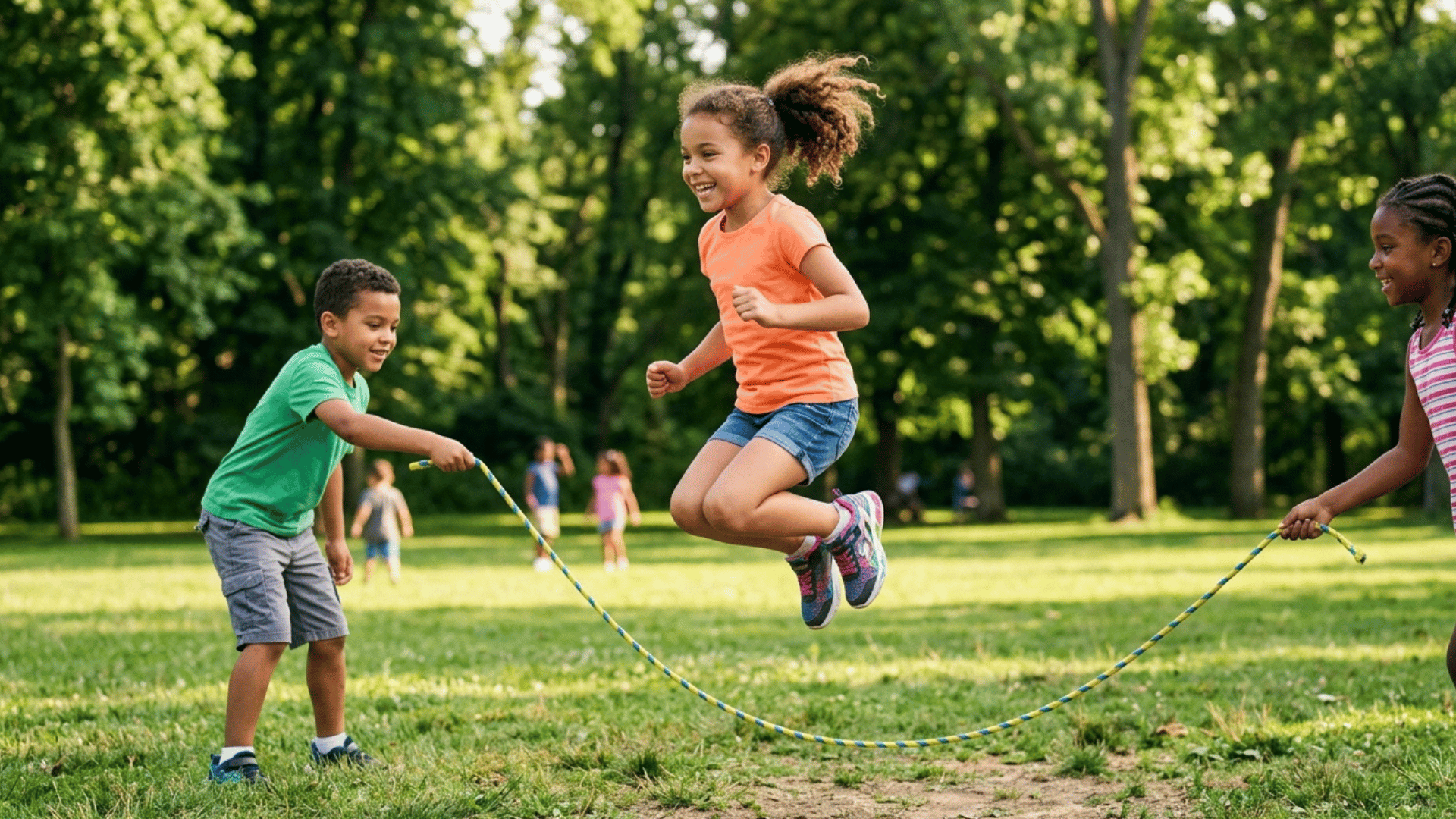 kids jumping rope together in an outdoor play area.