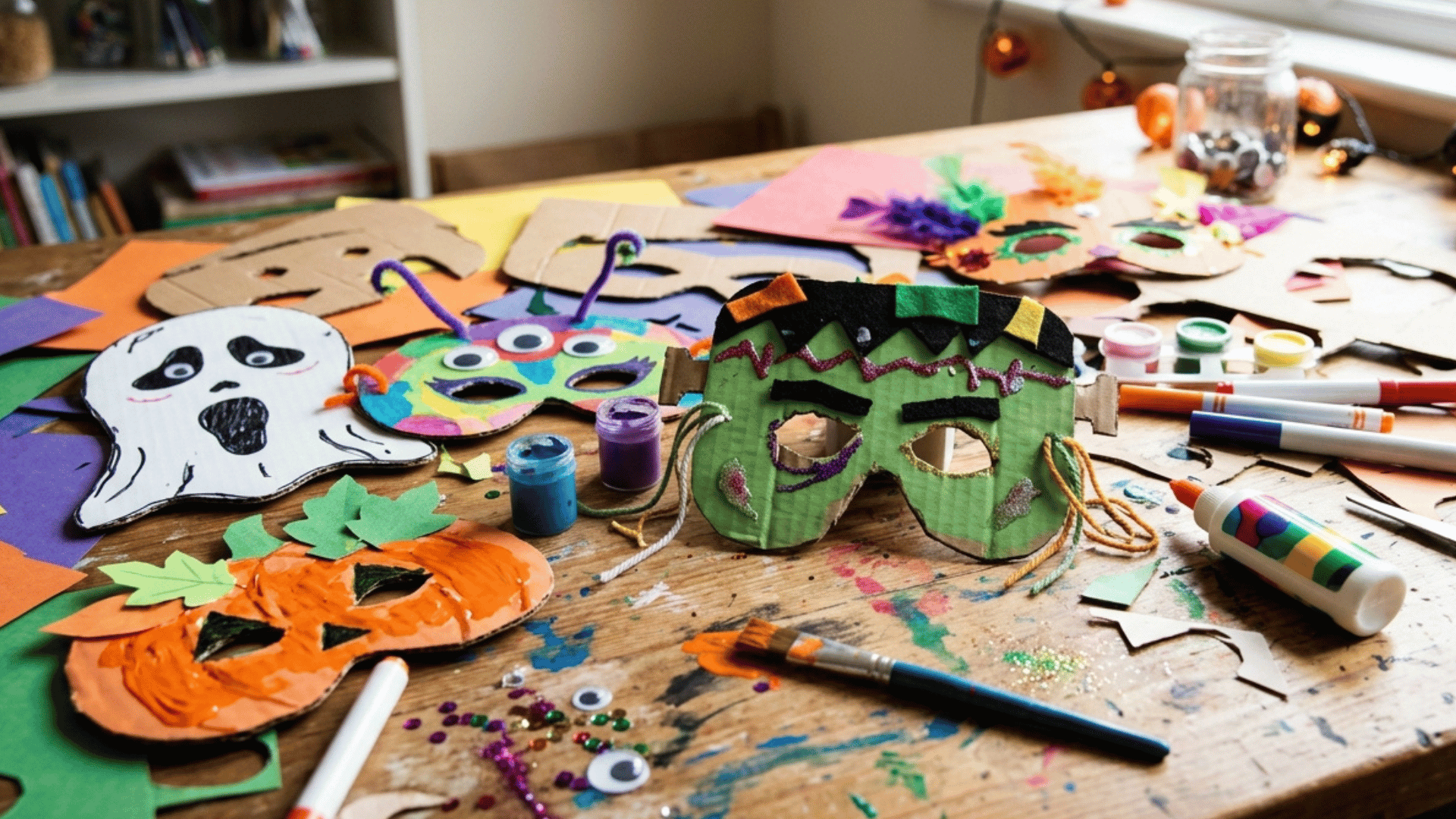 kids making colorful Halloween masks with paper, paint, glue, and craft supplies on a messy table.