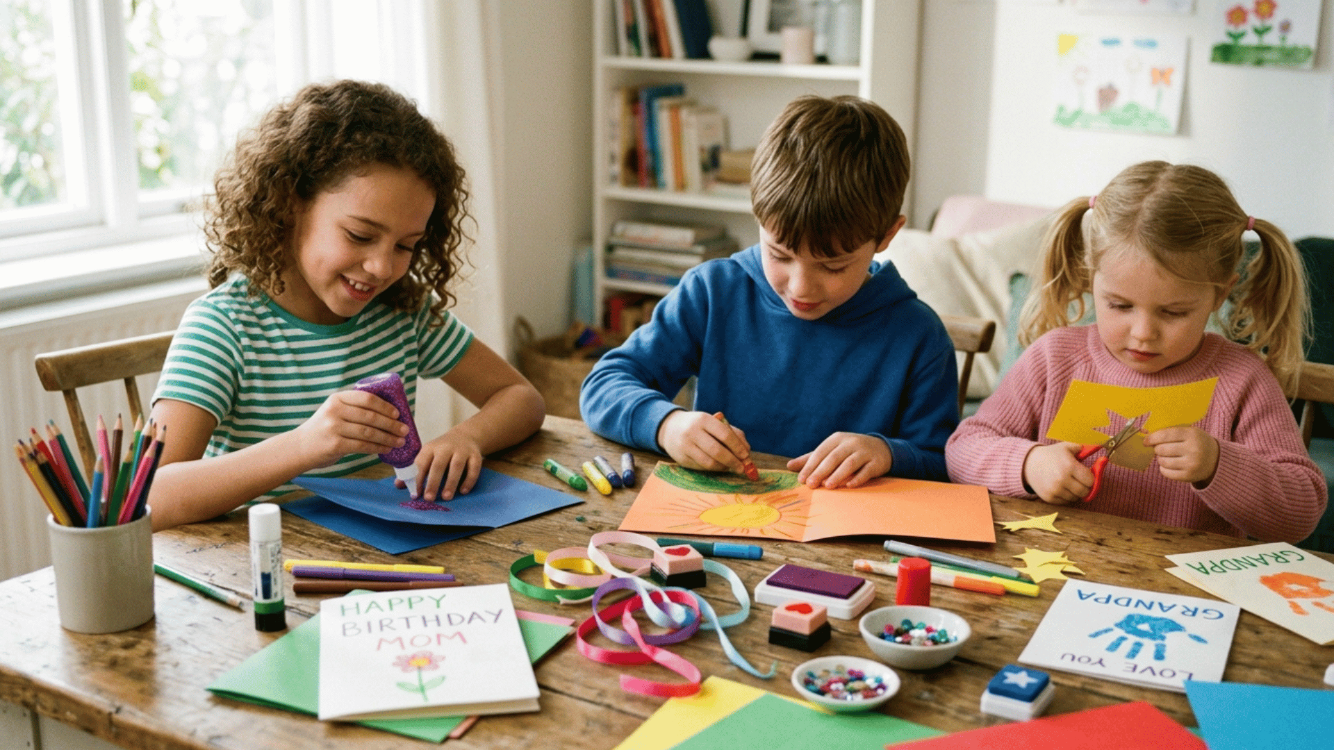 kids making DIY greeting cards with paper, stickers, and craft supplies.