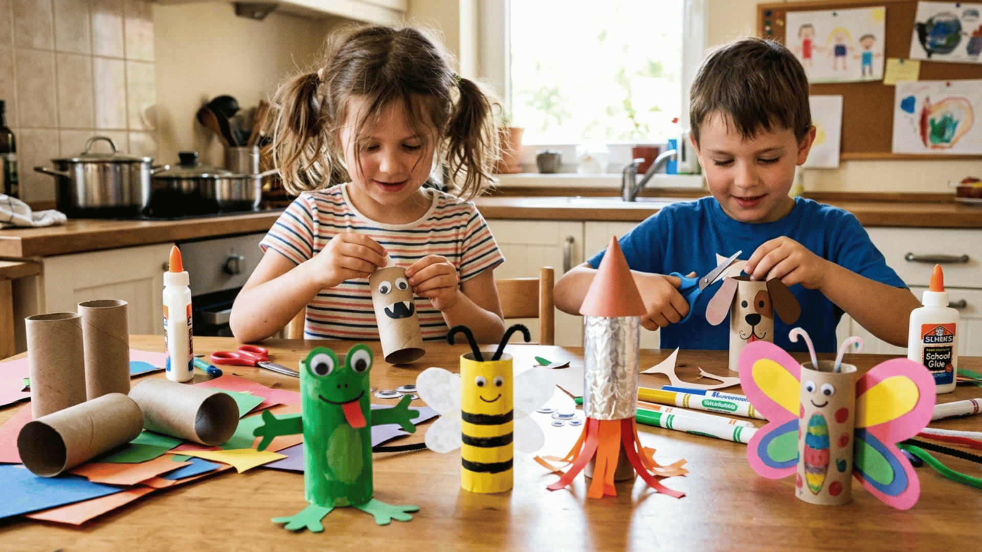 kids making toilet paper roll crafts like animals and rocket using paper and glue.