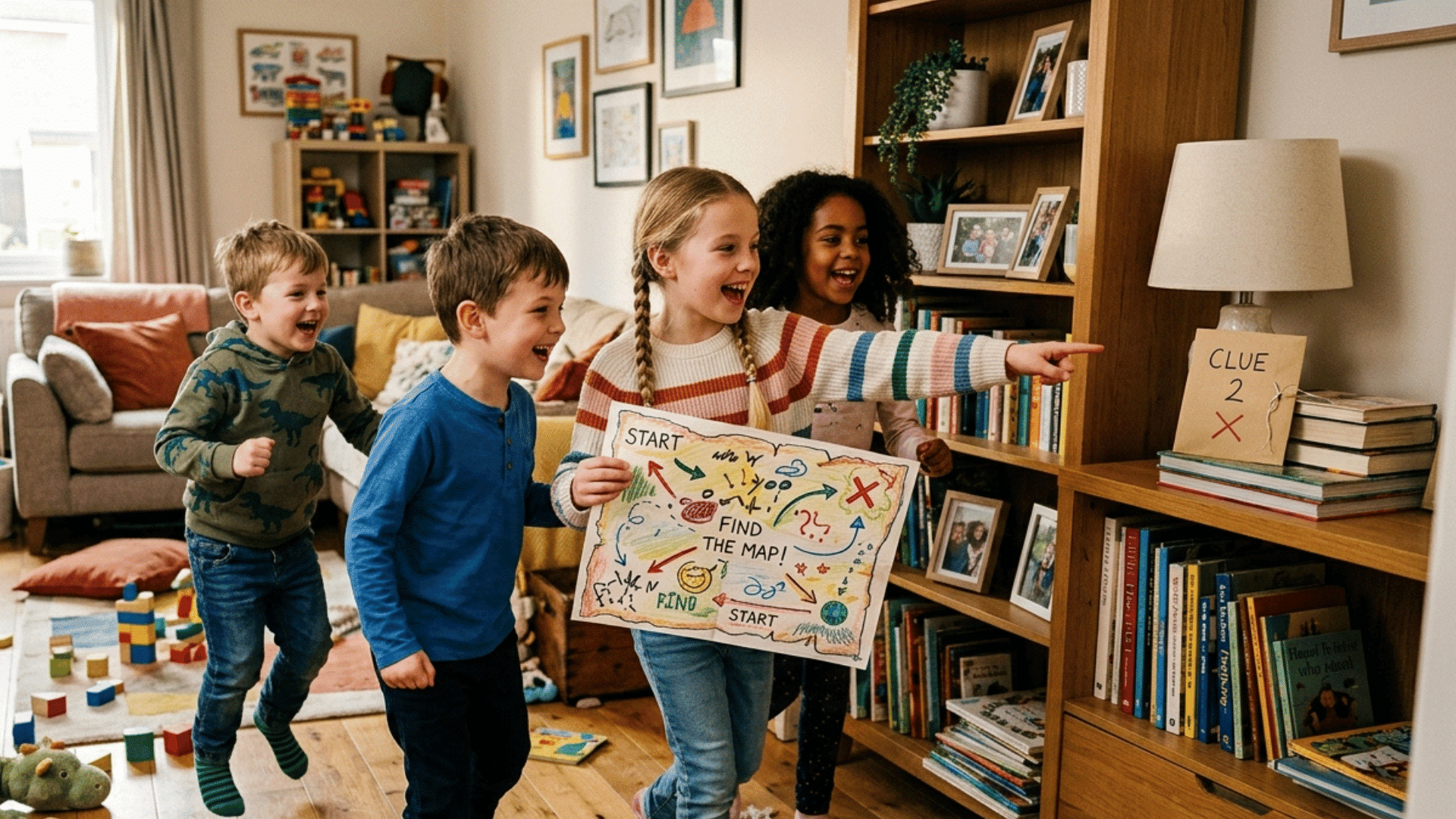 kids on a treasure hunt holding a map and searching indoors.