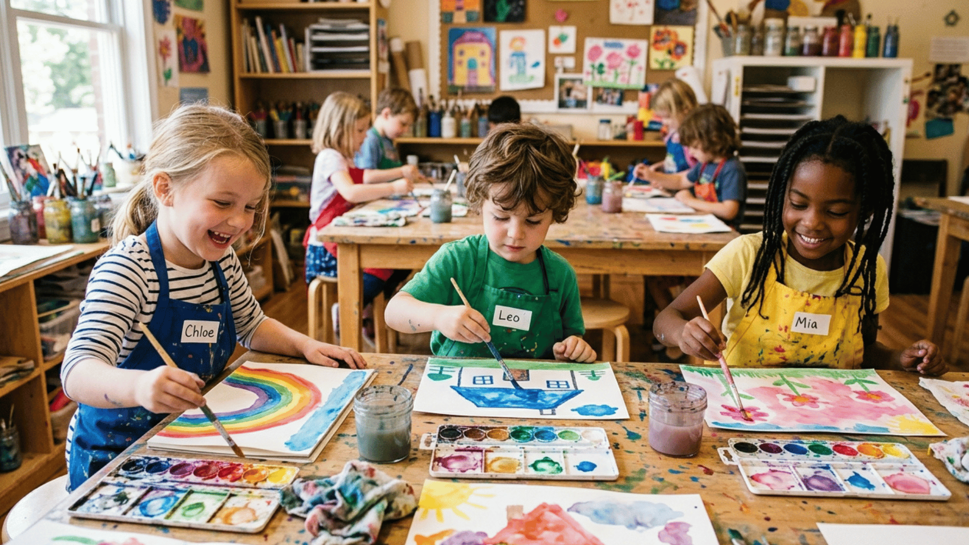 kids painting with watercolors in a bright and creative classroom setting.