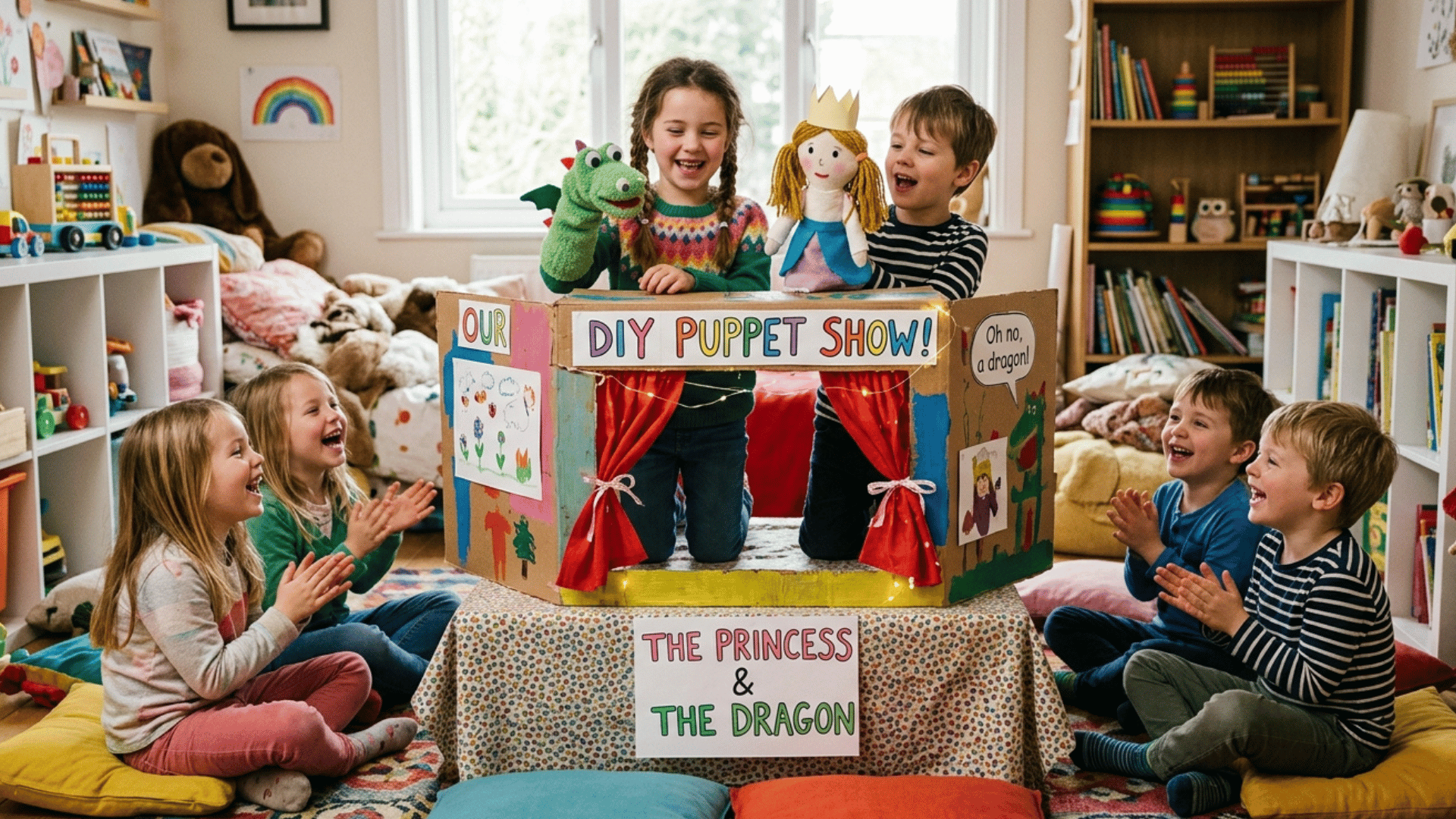 kids performing a DIY puppet show with handmade puppets and stage.