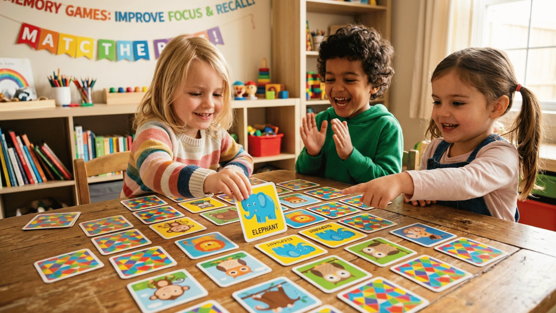 kids playing a memory matching game with colorful cards at a table.