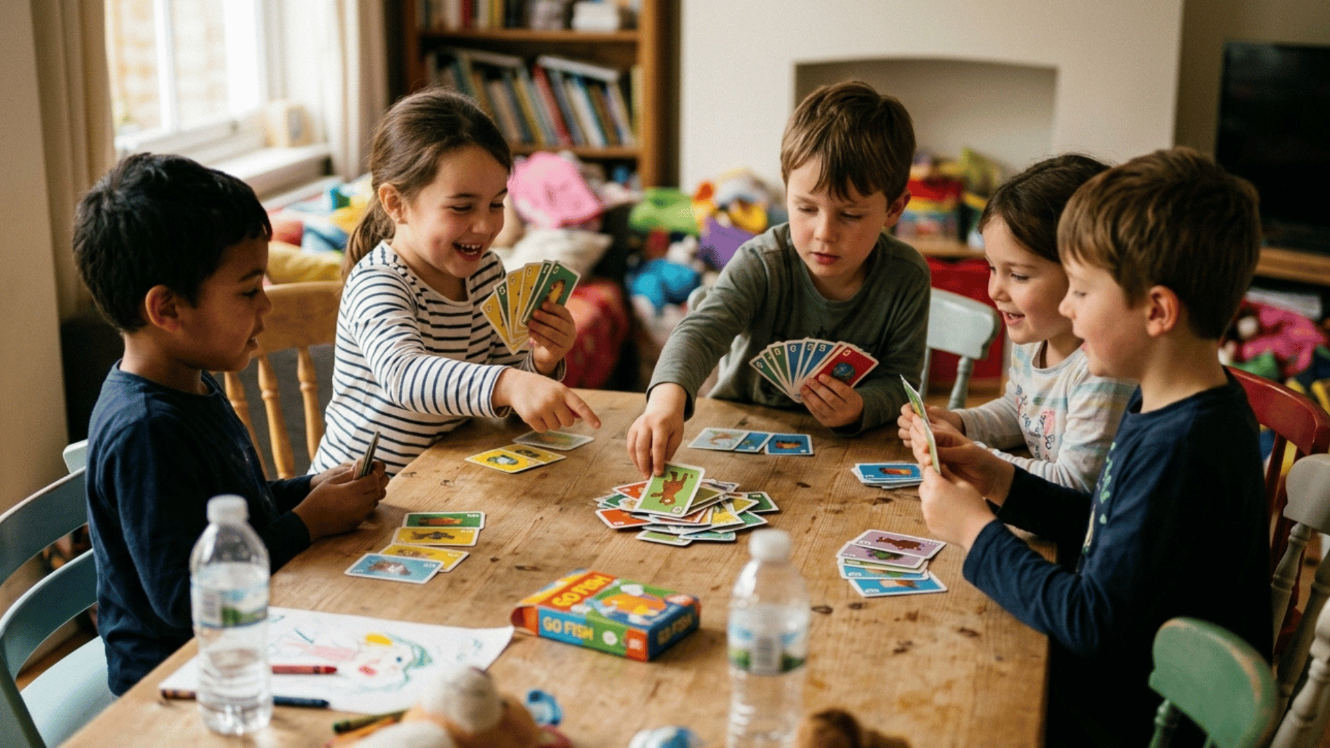kids playing card games together at a table indoors.
