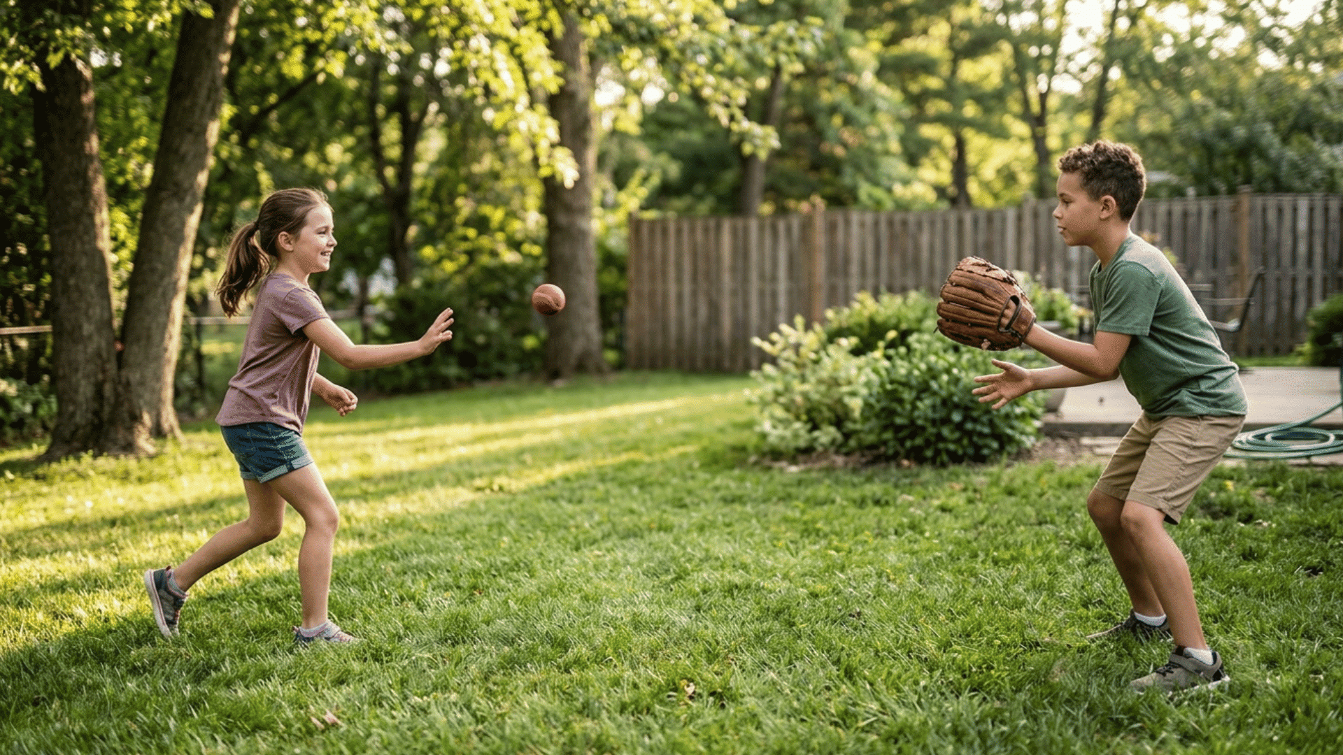 kids playing catch with a ball in a backyard.
