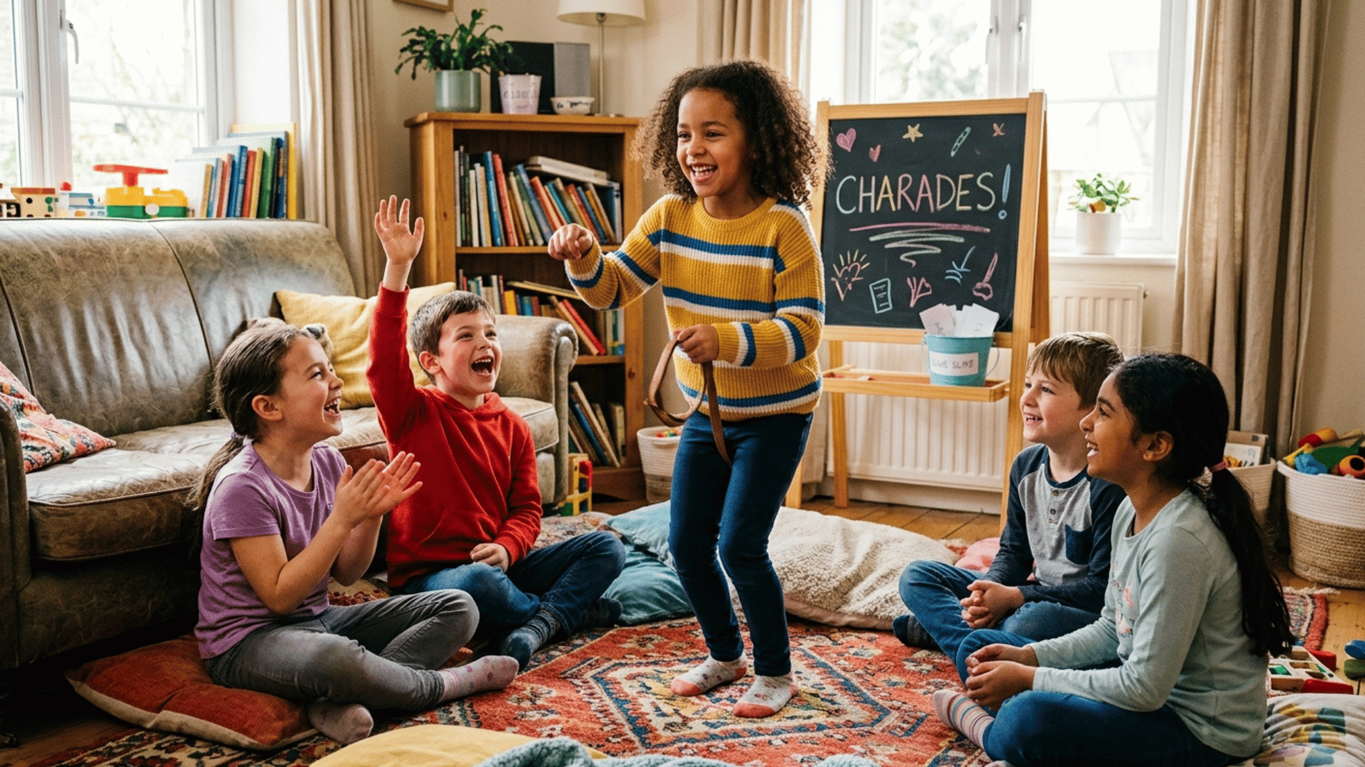 kids playing charades and guessing actions in a living room.