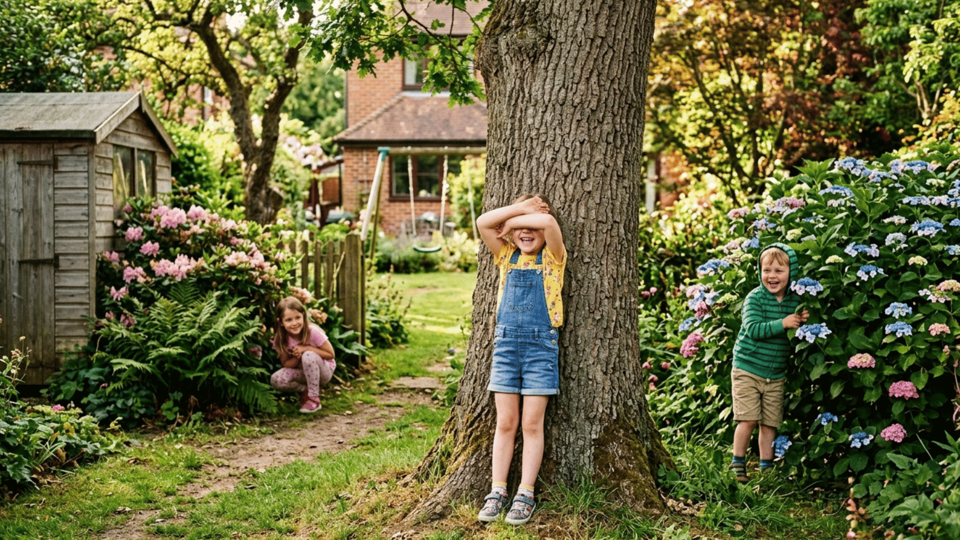 kids playing hide and seek outdoors near a tree and garden.