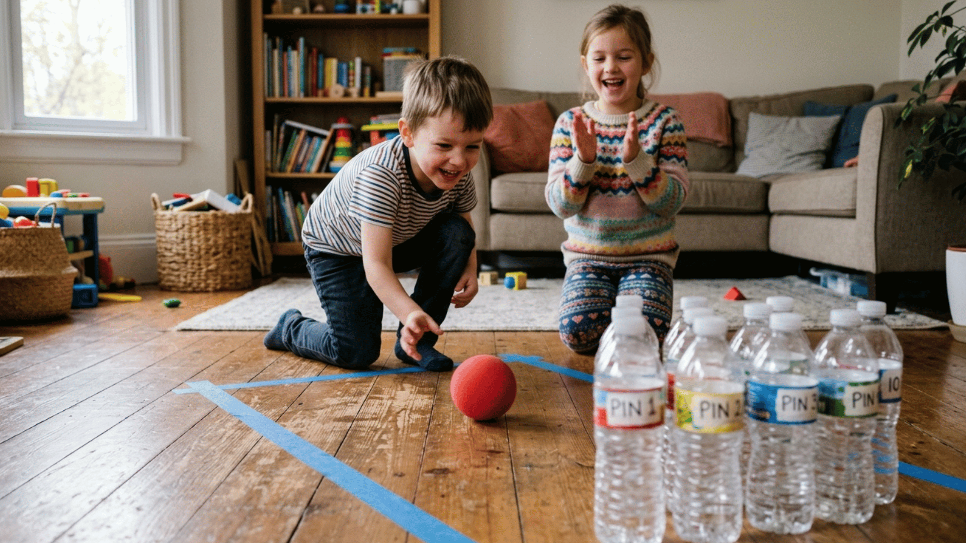 kids playing indoor bowling with bottles and a ball at home.