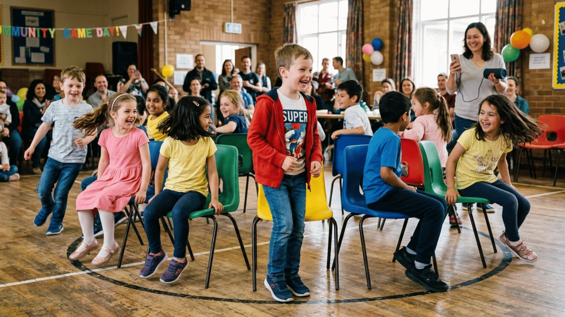 kids playing musical chairs indoors at a group event.