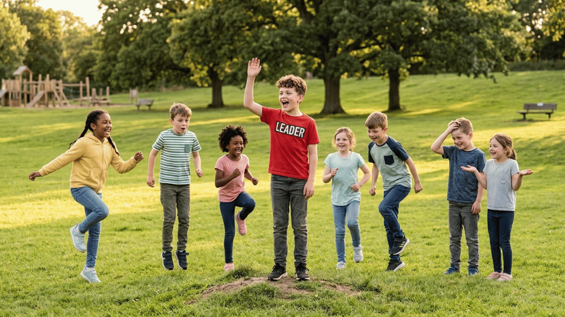 kids playing Simon Says game together in a park.