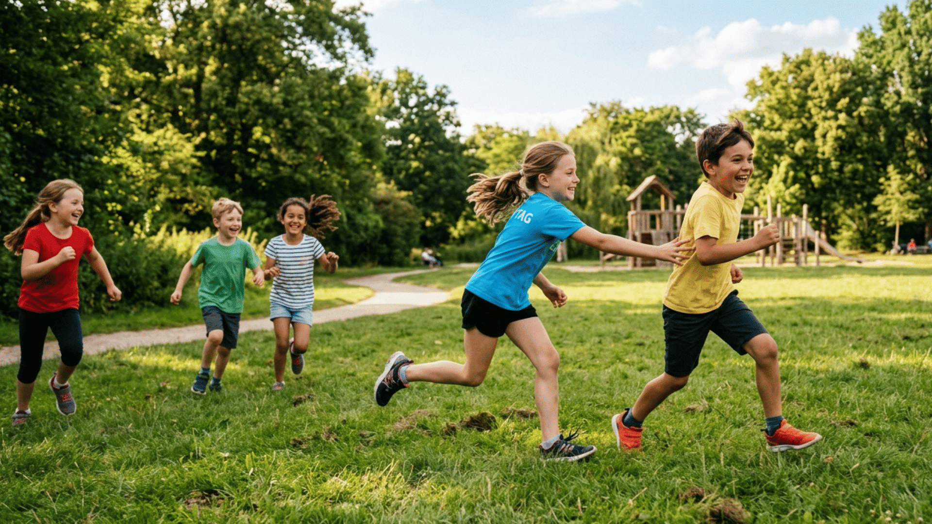 kids playing tag and running together outdoors in a park. (1)