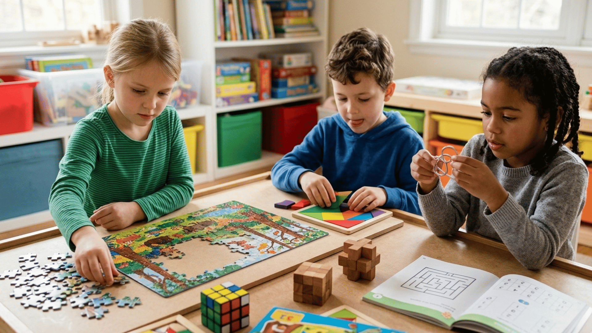 kids solving puzzles and brain games together indoors.