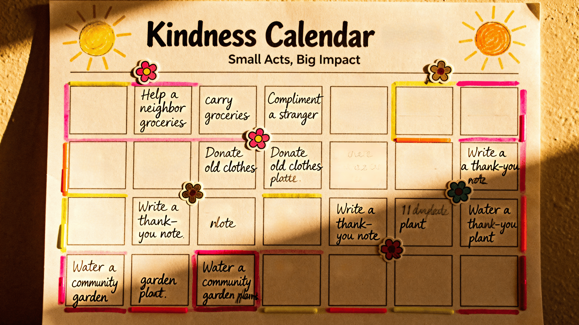 kindness calendar with small daily acts like helping others, writing notes, and watering plants