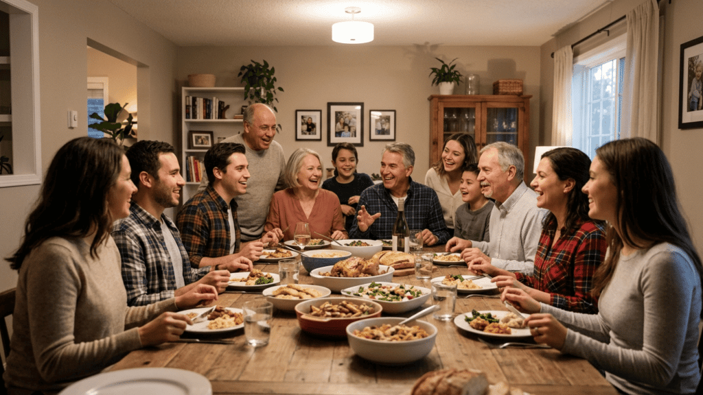 large family gathered around dining table enjoying meal and conversation indoors