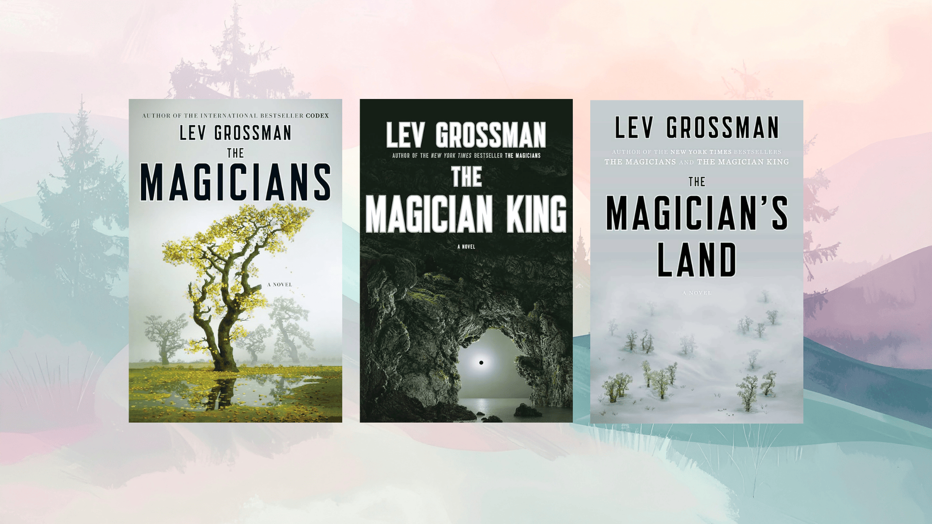 lev grossman the magicians trilogy covers showing minimalist landscapes and magical themes in muted tones