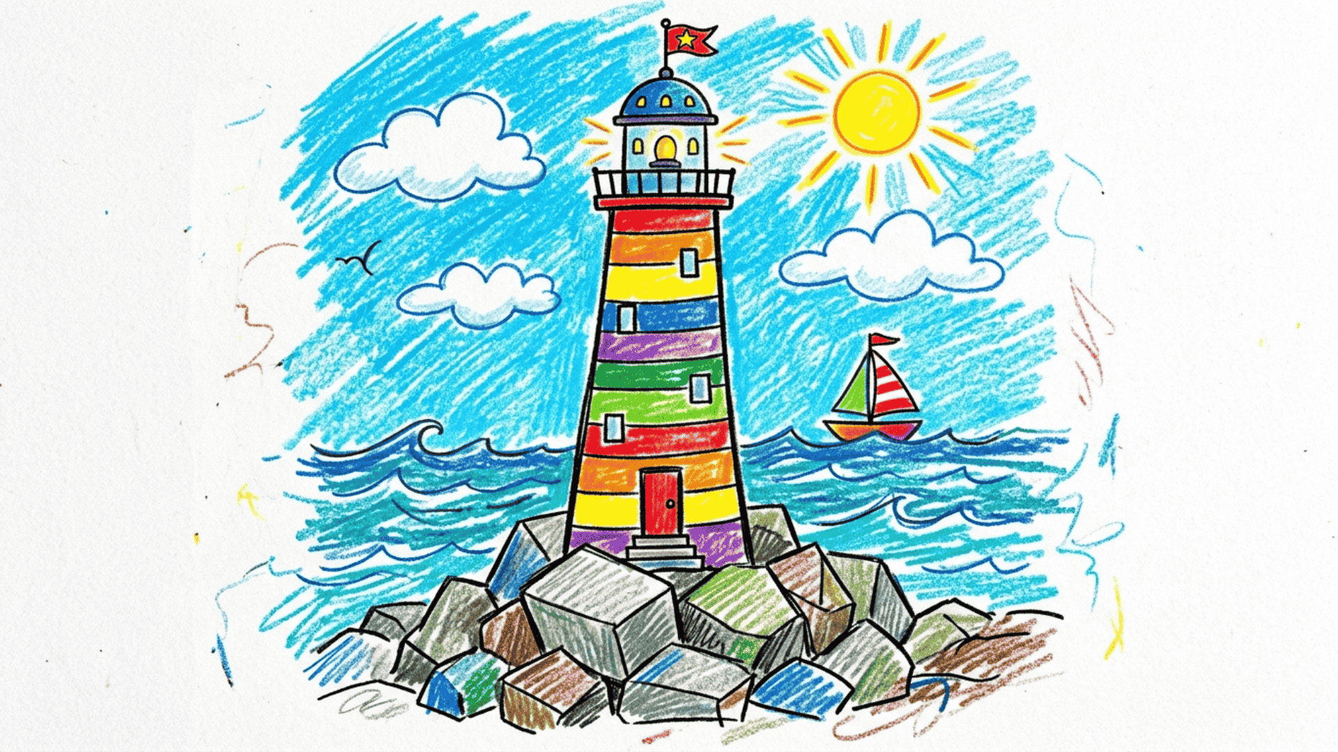 lighthouse beside rocky shore kids beach drawing with bold stripes flat angular rocks and simple waves painted on a white canvas for beginners