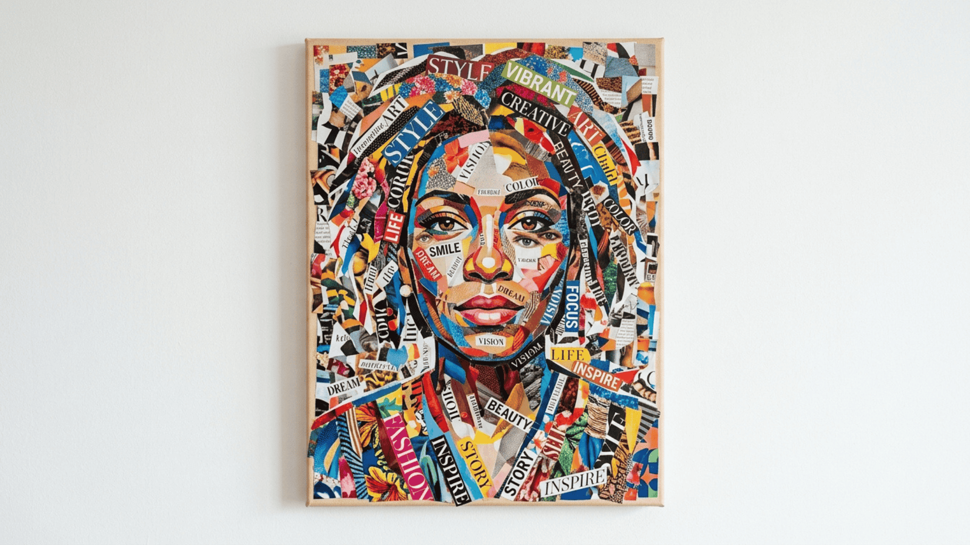 magazine collage self portrait on a front facing canvas made from cut magazine images and text arranged as a face