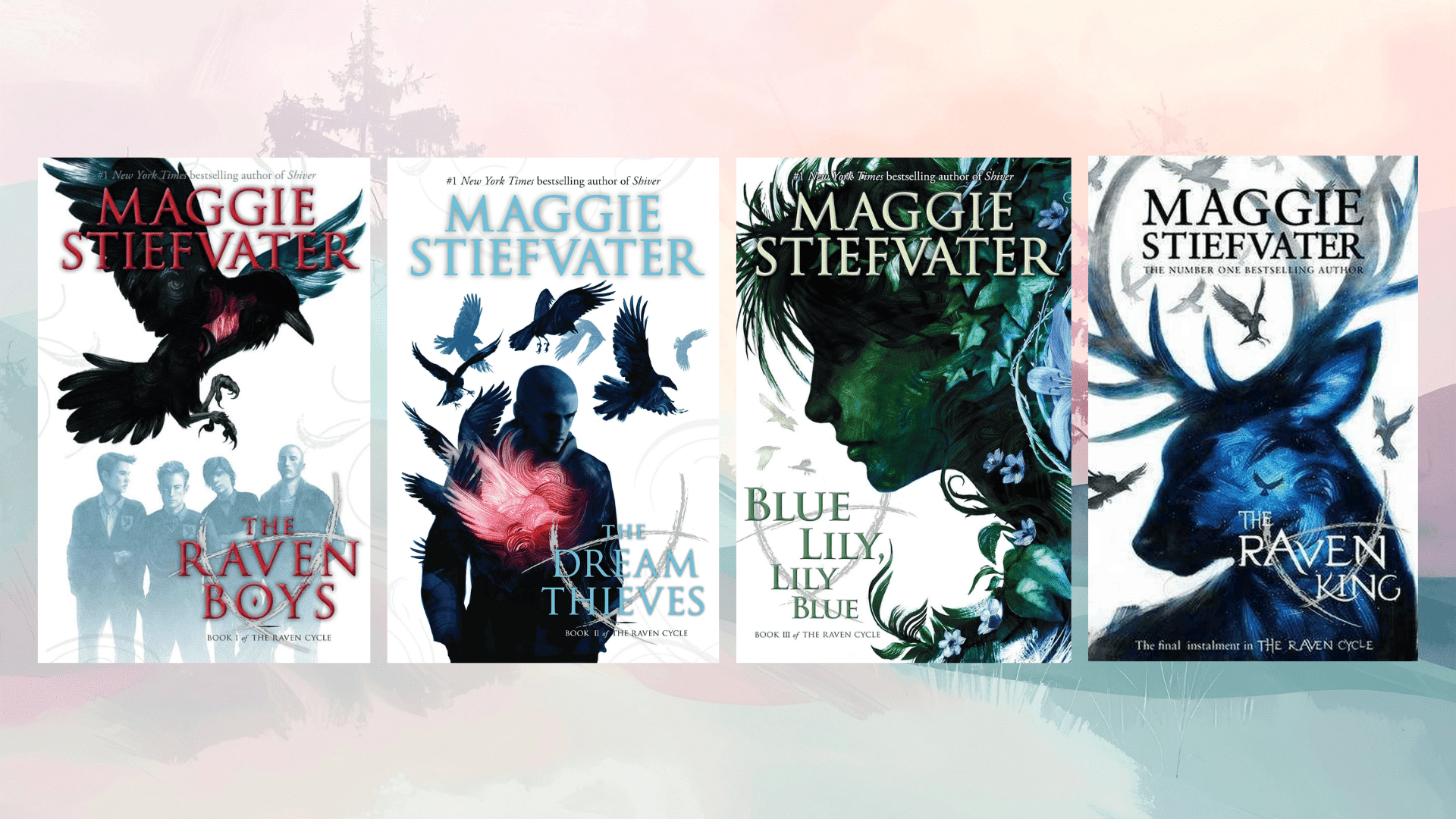 maggie stiefvater raven cycle books with artistic covers featuring birds, figures, and mystical forest elements