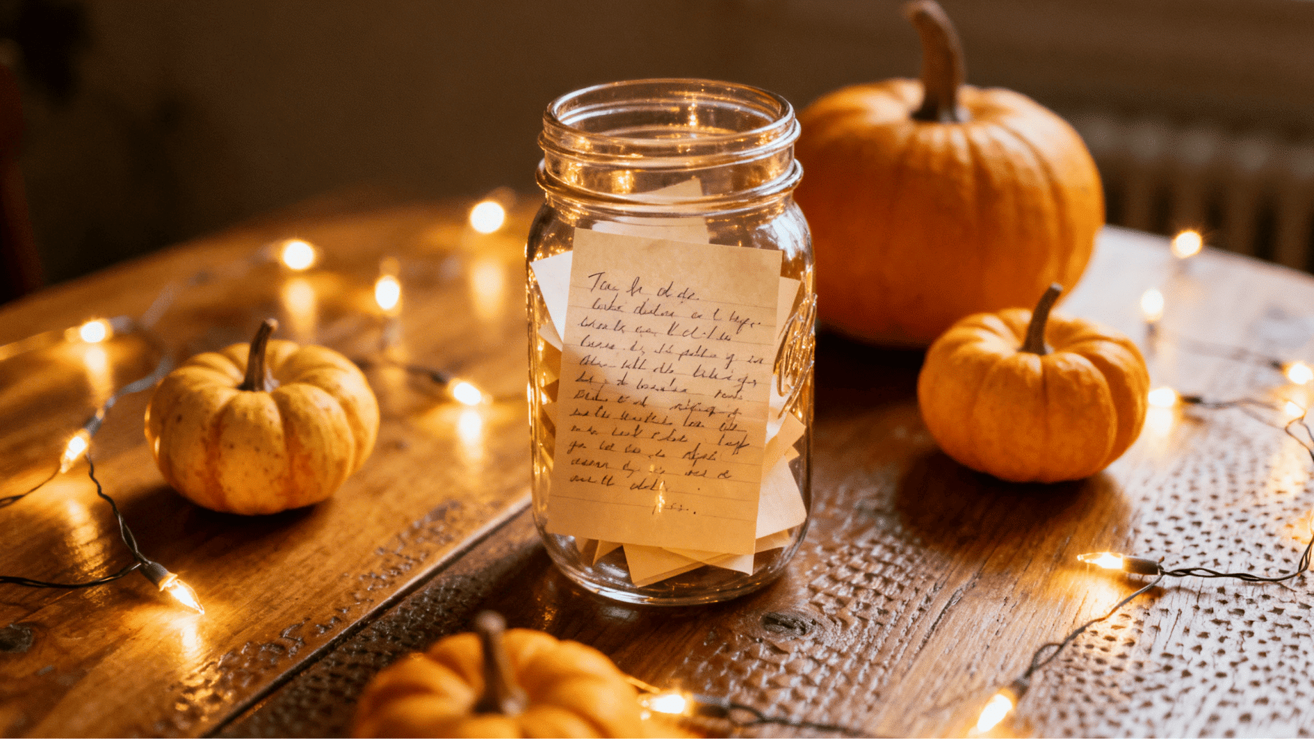 mason jar filled with handwritten notes, surrounded by pumpkins and fairy lights, ideal for thanksgiving gratitude activity
