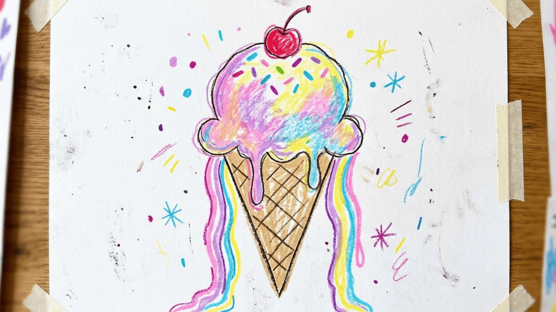 melting ice cream cone kids drawing with big rounded scoop bold drip lines and pastel colors painted on a white canvas for how to draw summer