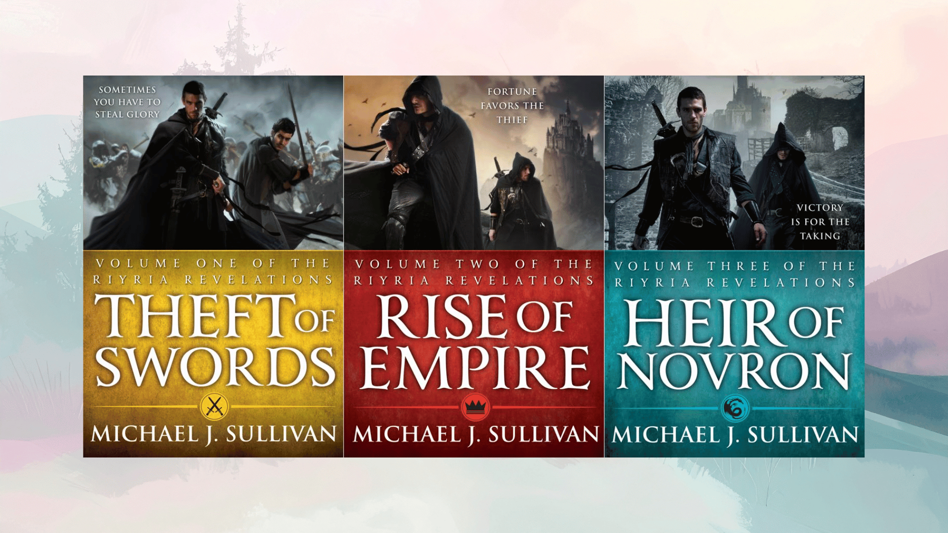 michael j sullivan riyria revelations trilogy covers showing cloaked figures and bold titles in gold red and teal