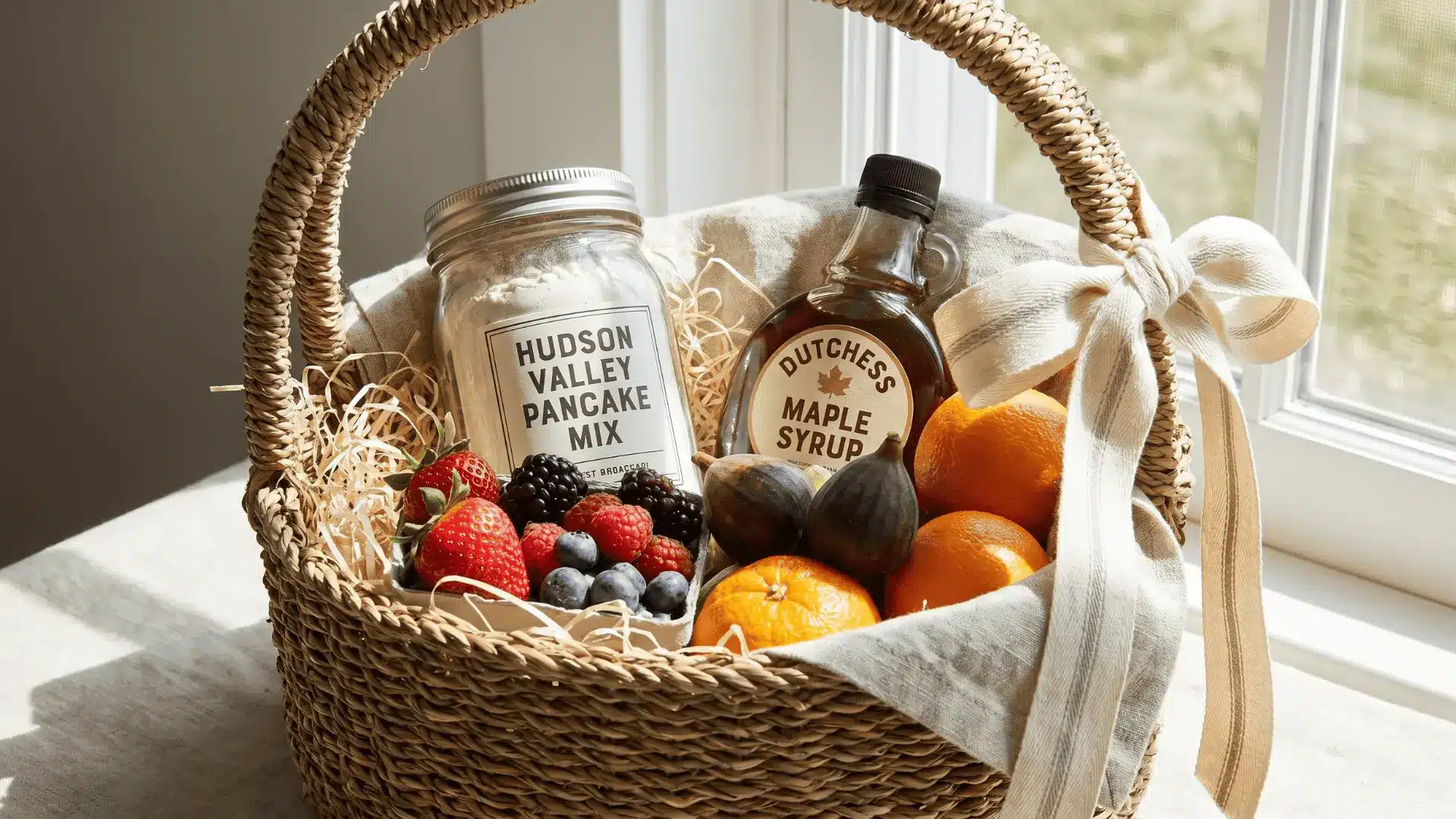 Minimal breakfast gift basket with clean setup