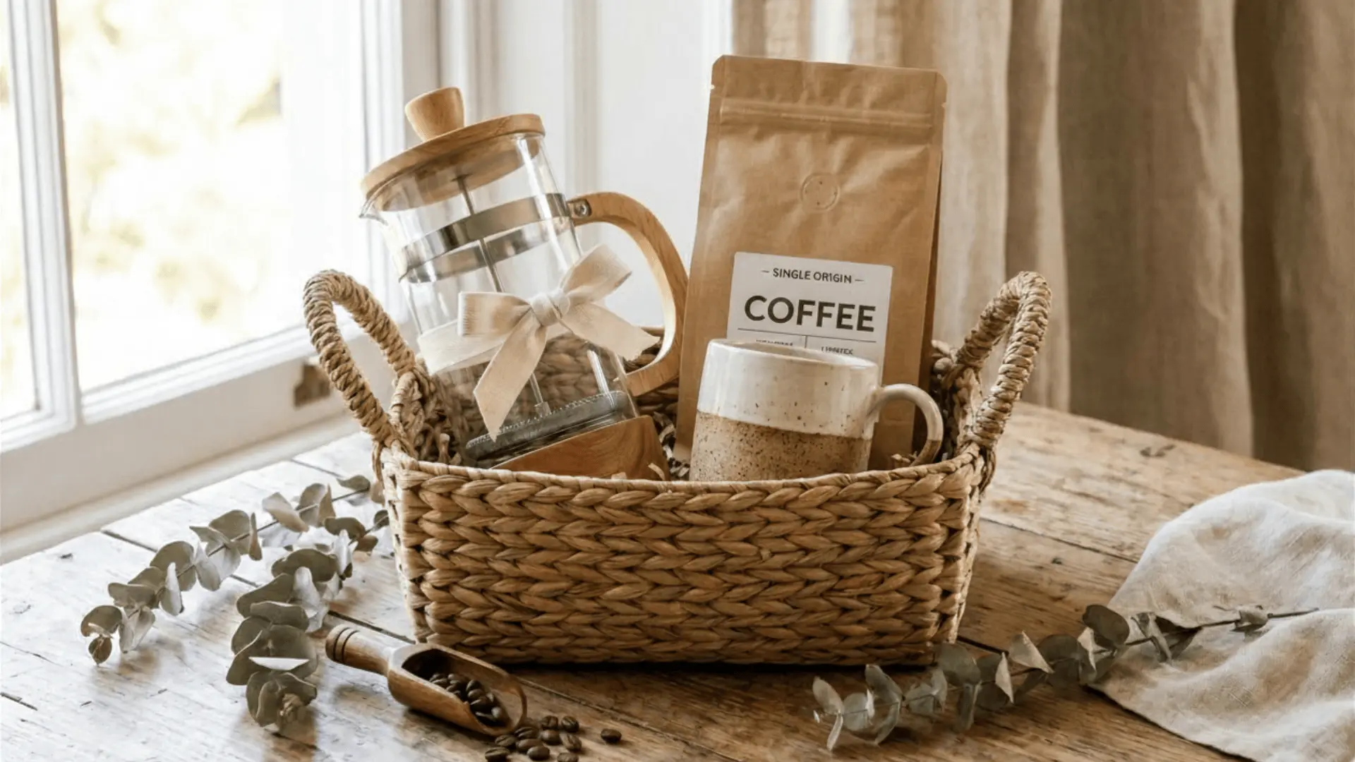 Minimal coffee gift basket with mug and beans