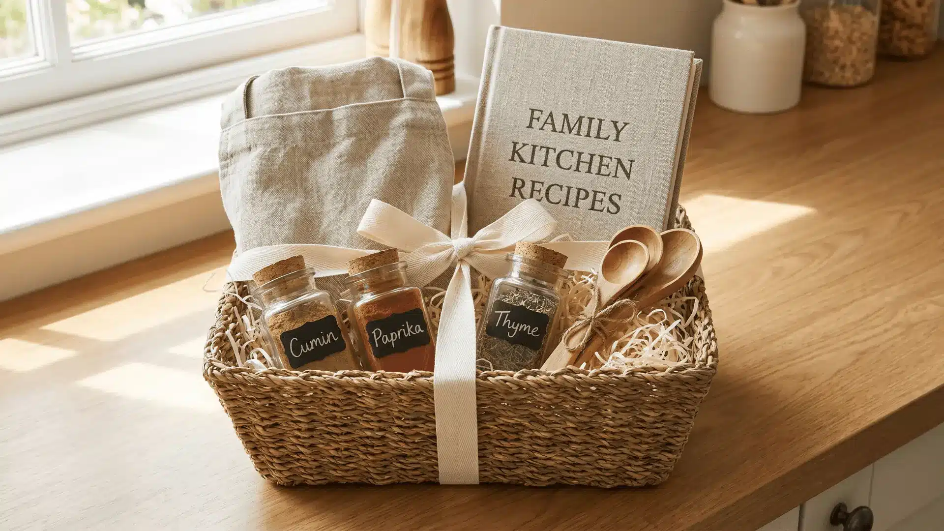 Minimal cooking gift basket with neatly arranged kitchen tools and warm tones