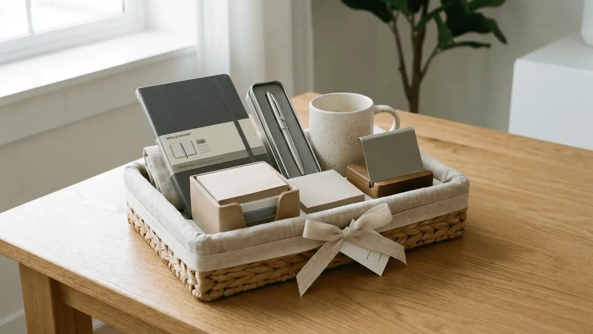 Minimal desk gift basket with stationery arranged in a clean workspace style