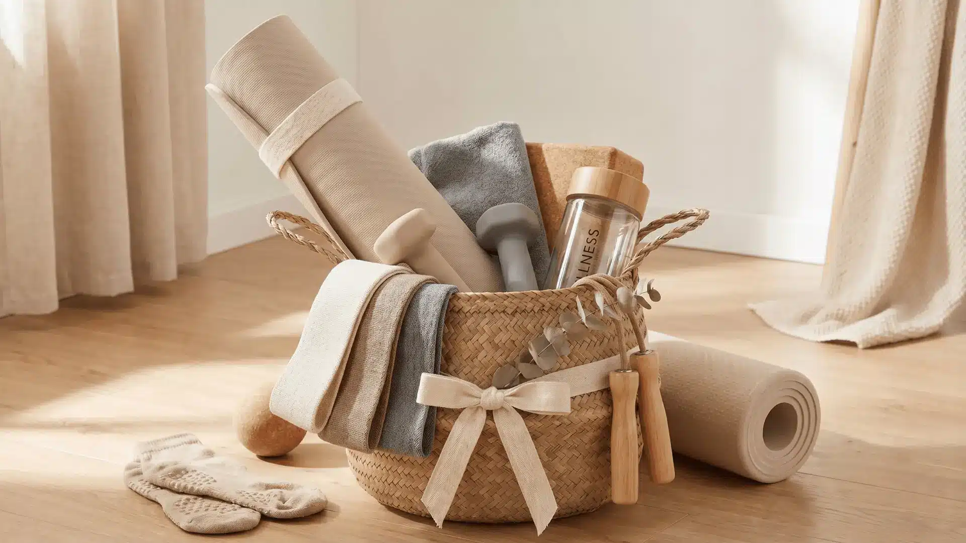 Minimal fitness gift basket with workout gear