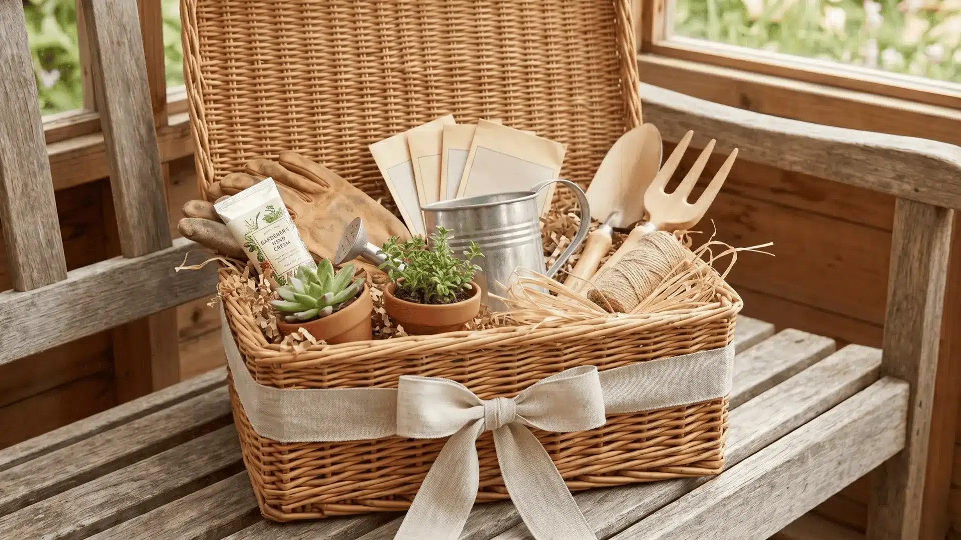 Minimal garden gift basket with tools and soft ribbon detail (1) (1)