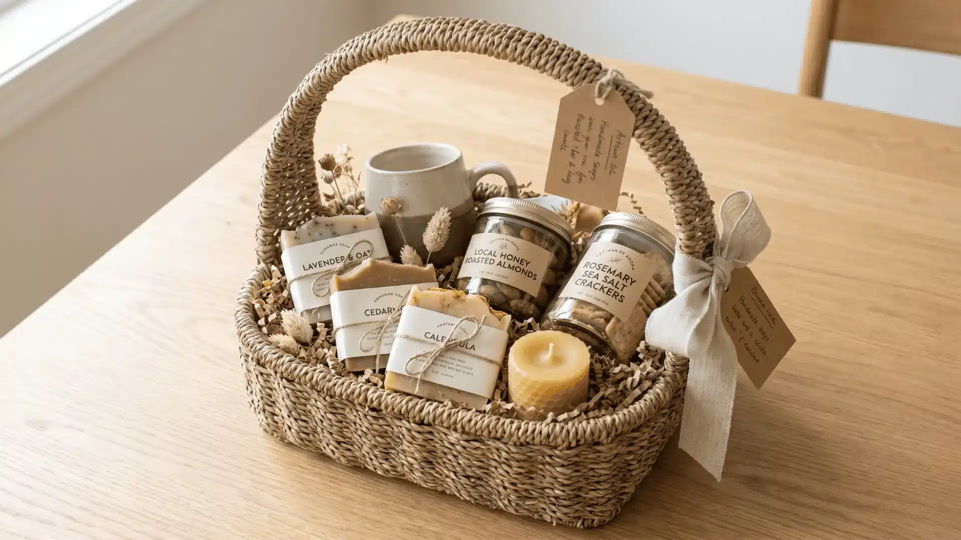 Minimal local gift basket with handmade items arranged in a clean, natural style