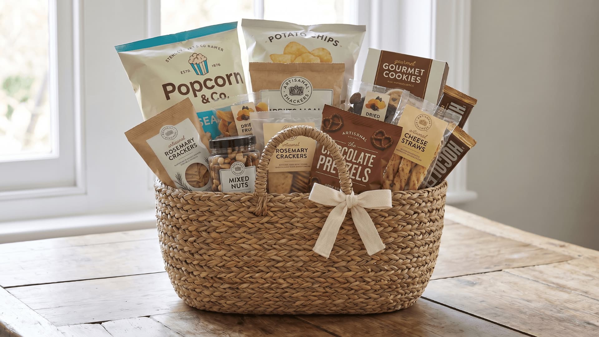 Minimal movie night gift basket with snacks