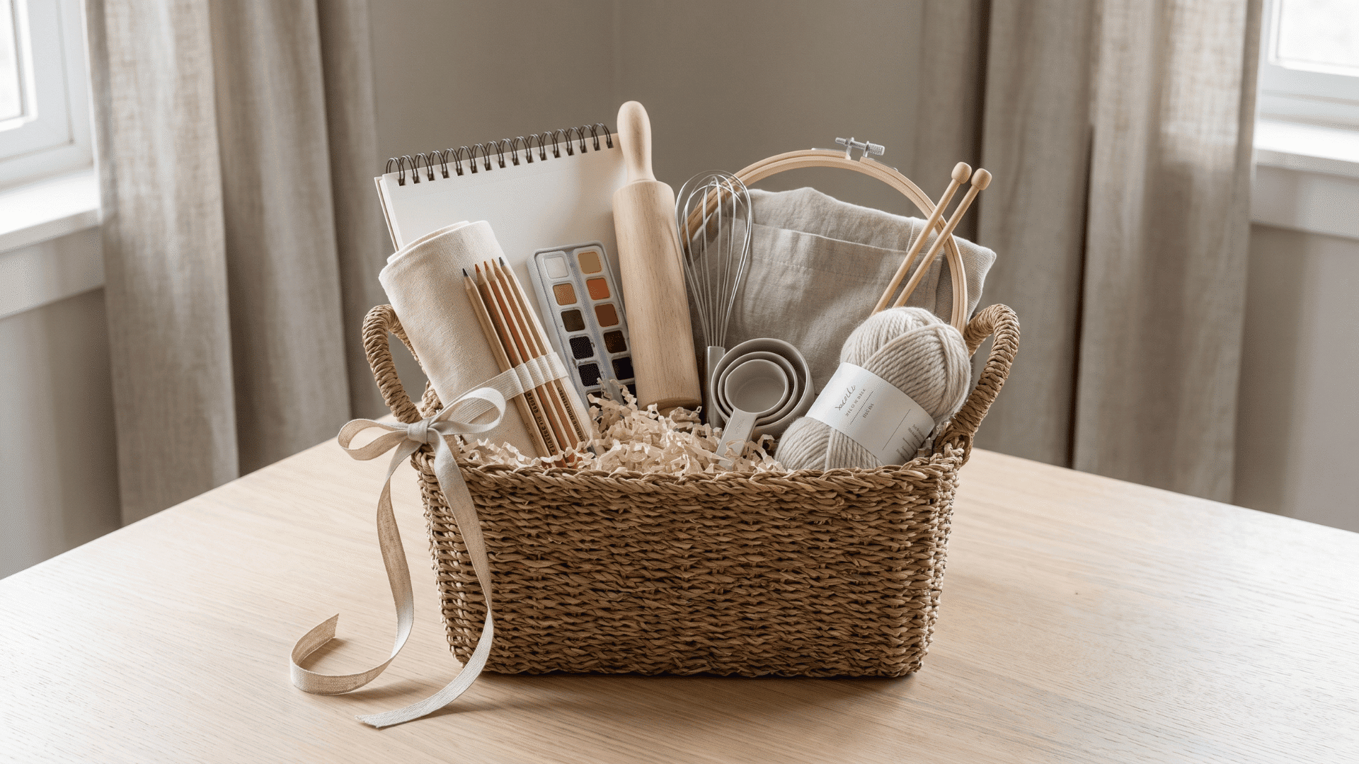 Minimal personalized gift basket with neatly arranged hobby items and clean styling