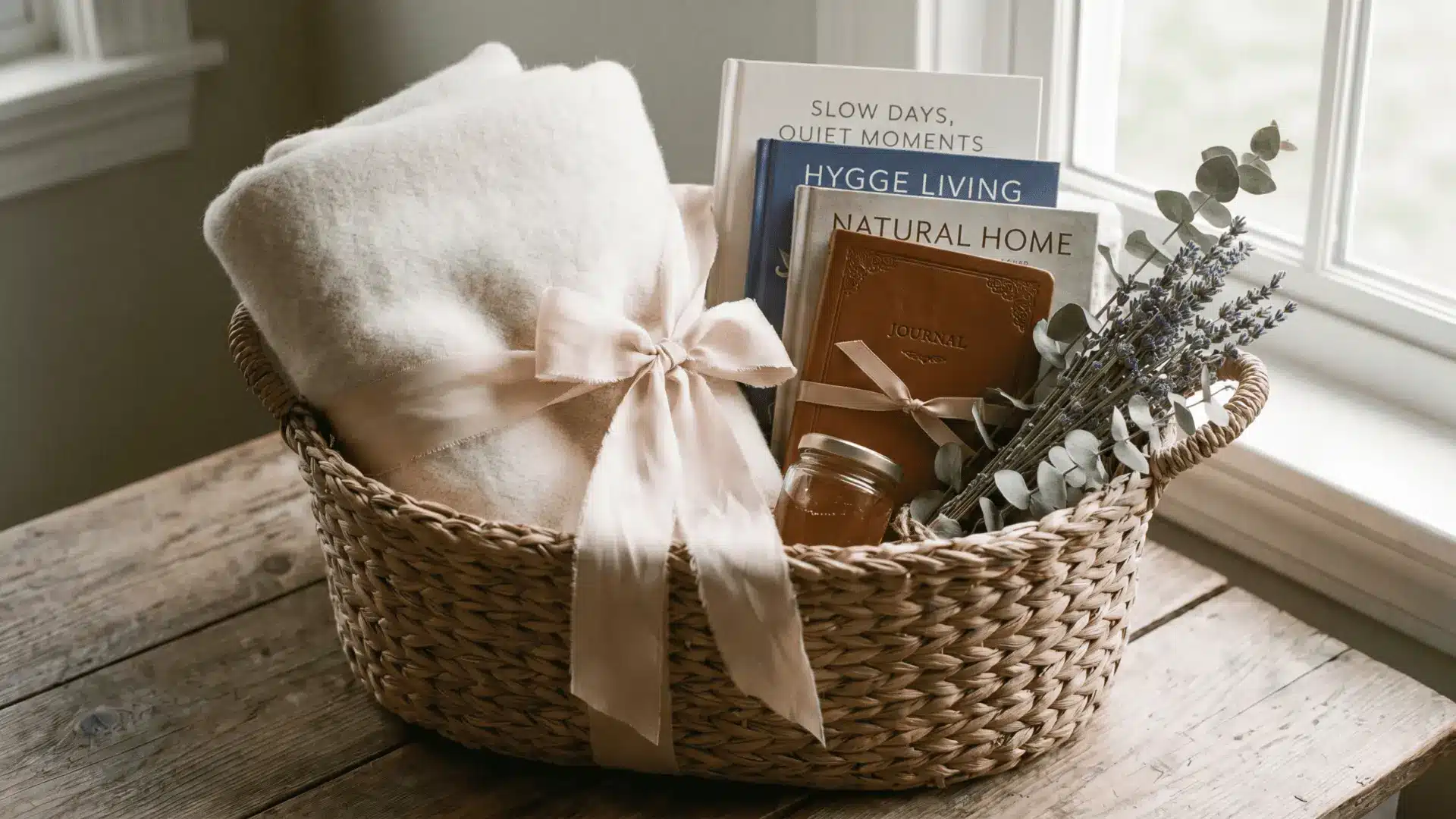 Minimal reading gift basket with cozy items